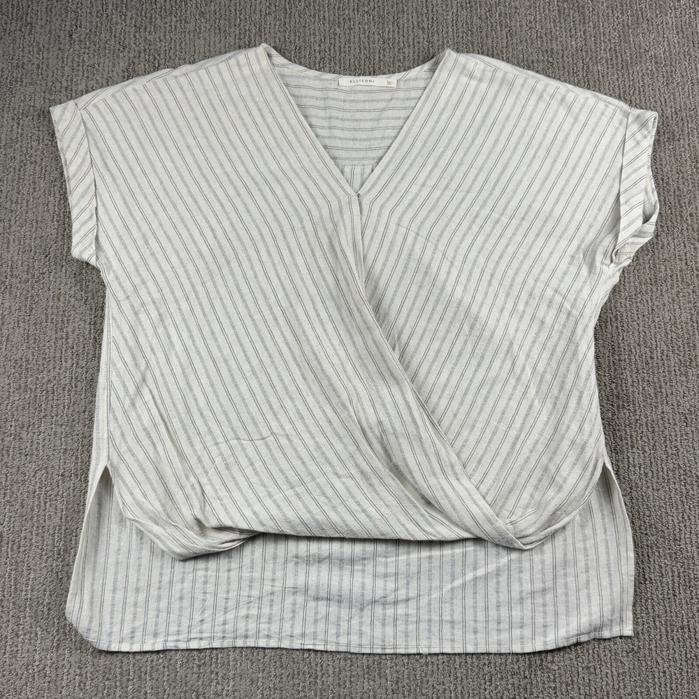 Ellison Womens L Popover Wrap Shirt Balloon Hem Blouse Ivory Stripe Lagenlook